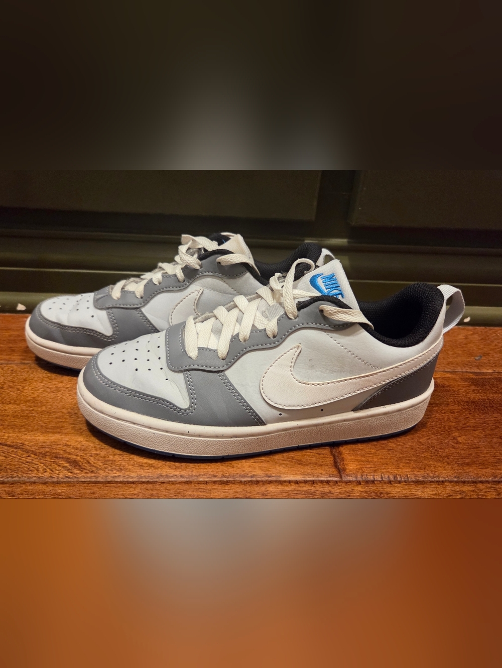 Nike Low-Top Sneakers in White, Gray & Black with Blue Logo